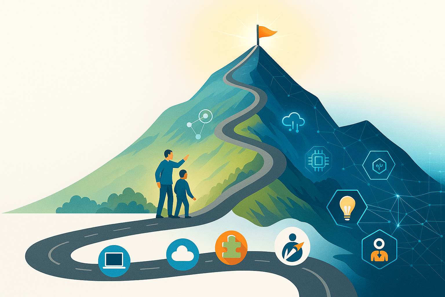 Berg mit verschiedenen Pfaden, die zu einem Gipfel führen, symbolisiert den Weg der Veränderung.