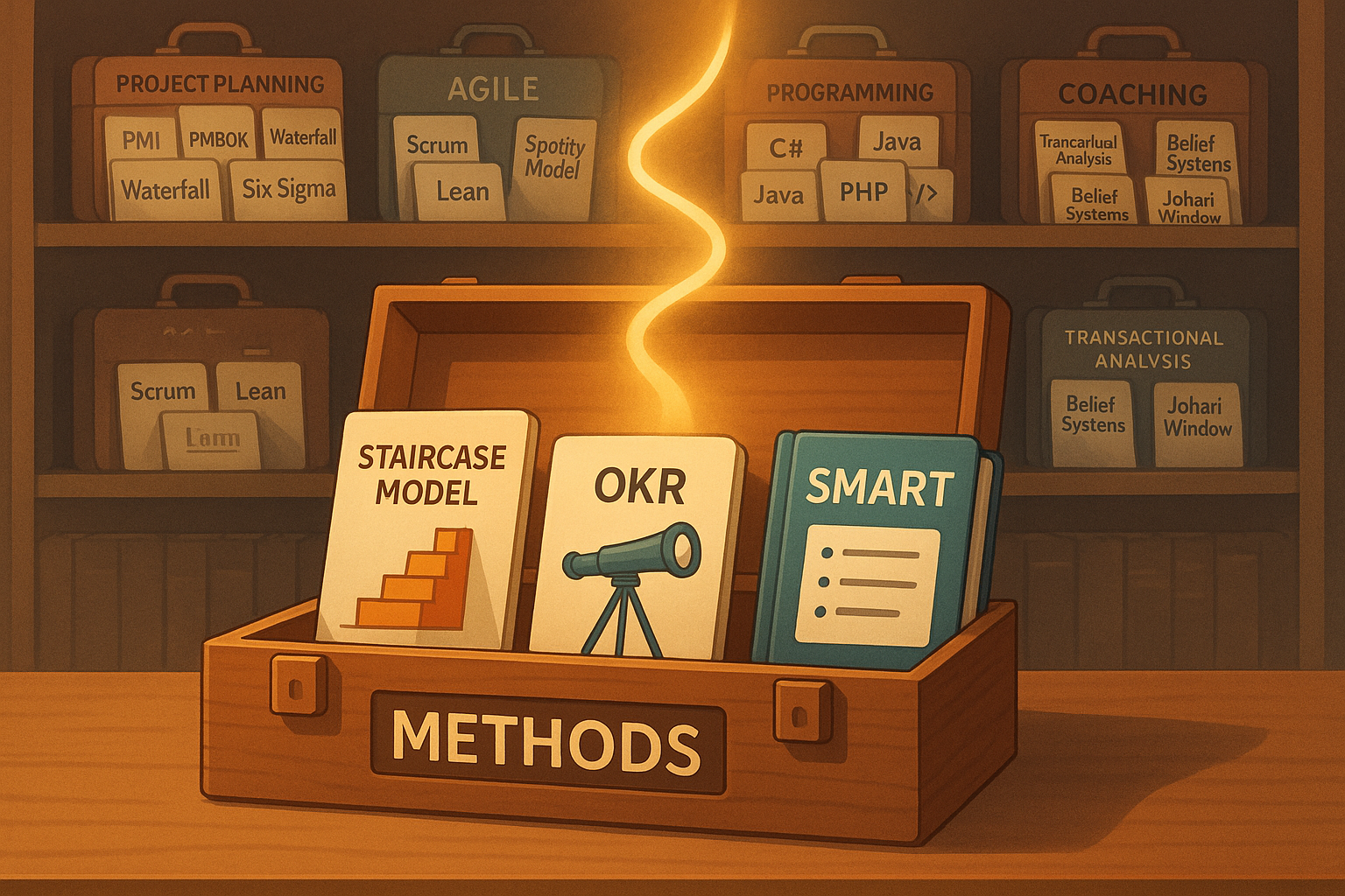Regal mit diversen Methodenkoffern für die verschiedensten Disziplinen